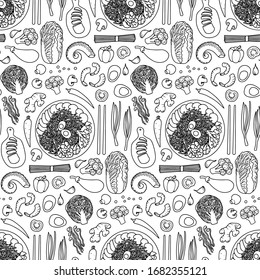 Hand drawn asian ramen vector seamless pattern.