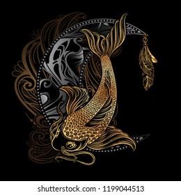 Hand drawn Asian spiritual symbols - gold koi carp with lotus and florid Crescent on a black background. Bohemia Style. It can be used for tattoo and embossing or coloring