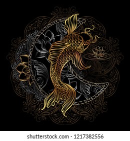 Hand drawn Asian spiritual symbols - gold koi carp with lotus and florid Crescent on a black background. Bohemia Style. It can be used for tattoo and embossing or coloring