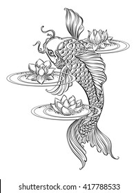  Hand drawn Asian spiritual symbols - koi carp with lotus and waves. It can be used for tattoo and embossing or coloring