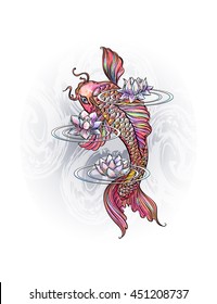 Hand drawn Asian spiritual symbols - colorful koi carp with lotus and waves. It can be used for tattoo and embossing or coloring