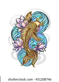 Hand drawn Asian spiritual symbols - colorful koi carp with lotus and waves. It can be used for tattoo and embossing or coloring