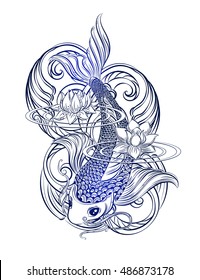 Hand drawn Asian spiritual symbols - koi carp with lotus and waves. It can be used for tattoo and embossing or coloring