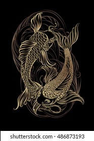 Hand drawn Asian spiritual symbols - gold koi carp with lotus and waves on a black background. It can be used for tattoo and embossing or coloring