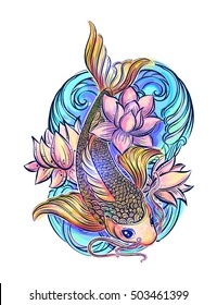 Hand drawn Asian spiritual symbols - colorful koi carp with lotus and waves. It can be used for tattoo and embossing or coloring