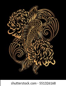 Hand drawn Asian spiritual symbols - koi carp with chrysanthemum and waves. It can be used for tattoo and embossing or coloring.