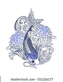 Hand drawn Asian spiritual symbols - koi carp with chrysanthemum and waves. It can be used for tattoo and embossing or coloring.