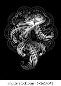 Hand drawn Asian spiritual symbols - silver koi carp with waves on a black background. It can be used for tattoo and embossing or coloring