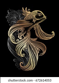 Hand drawn Asian spiritual symbols - gold koi carp with waves on a black background. It can be used for tattoo and embossing or coloring