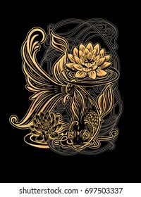 Hand drawn Asian spiritual symbols - gold koi carp with lotus and waves on a black background. It can be used for tattoo and embossing or coloring