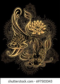 Hand drawn Asian spiritual symbols - gold koi carp with lotus and waves on a black background. It can be used for tattoo and embossing or coloring