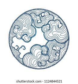 hand drawn asian style circular symbol with clouds in blue ink