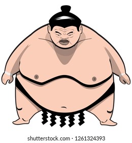 Hand drawn asian sumo wrestler. Very fat and evil looking cartoon vector character