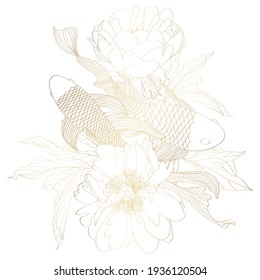 Hand drawn Asian symbols - gold koi carp with peony flowers on a white background.