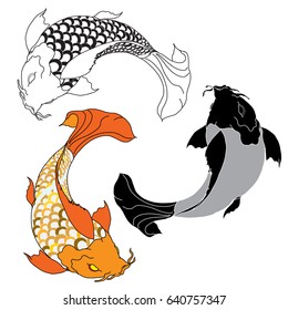 Hand drawn and Asian tattoo design, Koi fish isolate vector set