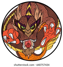 Hand drawn and Asian tattoo design, dragon on circle