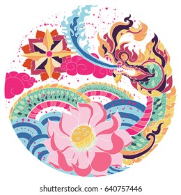 Hand drawn and Asian tattoo design, King of Snake with Lotus on Circle ,Line Thai style