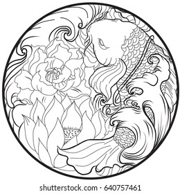 Hand drawn and Asian tattoo design, Koi fish with Lotus and peony flower in circle