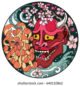 Hand drawn and Asian tattoo design,Oni mask with Sakura and Peony flower in circle.colorful halftone