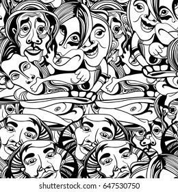 Hand drawn asians Buddhists people cartoon vector seamless pattern