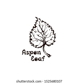 Hand drawn aspen leaf with handwritten text isolated on white background. Vector illustration