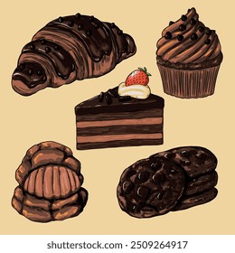 Mão desenhada sobremesa de chocolate sortido e pastelaria comida ilustração