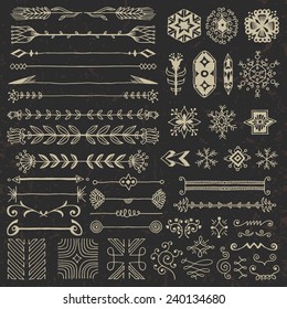 Hand drawn assorted design elements set 1 on dark. Vector illustration.