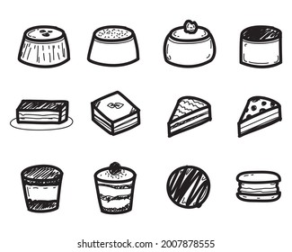 Hand drawn assorted dessert set isolated on white background, doodle dessert set. Vector illustration