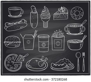 Hand drawn assorted food and drinks graphic symbols on a chalkboard.