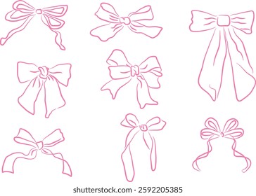 Hand Drawn Assorted Pink Bows with Ribbon Tails Vector Collection