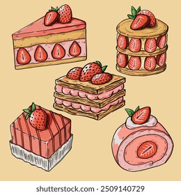 Mão desenhada sortido Sobremesa de morango e pastelaria comida ilustração