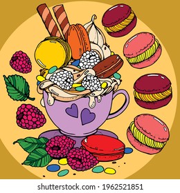 Hand drawn assorted sweets and colourful macarons vector art illustration with colourful fruits. Template design for colouring page, greeting card, menu icon, bakery, pattern