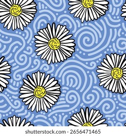 Hand drawn aster and doodle seamless pattern in blue background for sticker, postcard, wallpaper, mural, fabric, prints, etc
