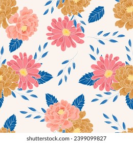 Hand Drawn Aster and Rose Flower Seamless Pattern