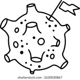 Hand drawn asteroid featuring craters and a flag, symbolizing space exploration and the exciting potential for human presence beyond Earth in the vast universe