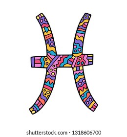 Hand drawn astrological horoscope sign. Patterned outline illustration. Vector drawing. Pisces