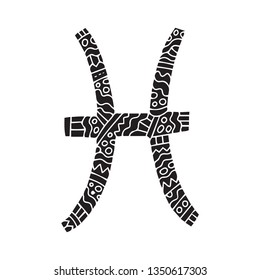 Hand drawn astrological horoscope sign. Patterned outline illustration. Vector drawing. Pisces