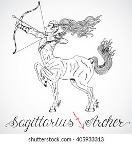 Hand drawn astrological zodiac sign Archer or Sagittarius. Line art vector illustration of engraved horoscope symbol of centaur. Fantasy style. Doodle drawing and sketch with calligraphic lettering