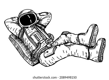 Hand drawn Astronaut with black glass on the helmet isolated on white background. Sketch Design illustration.