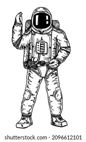 Hand drawn Astronaut with black glass on the helmet isolated on white background. Spaceman. Astronaut with his hand raised in greeting. Sketch Design illustration.