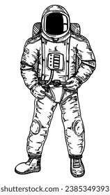 Astronauta dibujado a mano con vidrio negro sobre el casco aislado de fondo blanco. Hombre espacial. El Cosmonaut explora la aventura. mano grabada en boceto antiguo, estilo vintage para etiqueta o camiseta. Vector