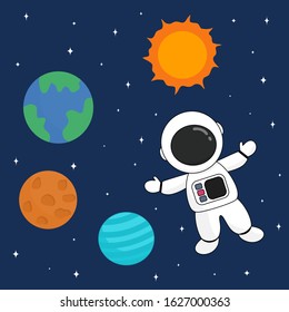 Hand drawn astronaut cartoon in the galaxy, kids art, vector illustration