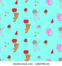 Hand drawn astronaut, cat, and unicorn seamless pattern