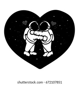 Hand Drawn Astronaut Couple Hugging In The Space With Stars Form In Hearted Shape For T Shirt Design,design Element And Wedding Card.