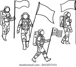 Hand Drawn Astronaut with flag line art illustration