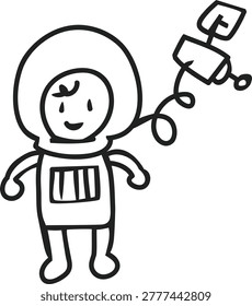 Hand drawn astronaut floating in space connected to a station during a spacewalk mission