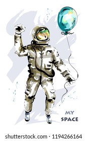 Hand drawn astronaut full body portrait. Stylish spaceman flying in space. Astronaut with balloon. Sketch. Vector illustration.