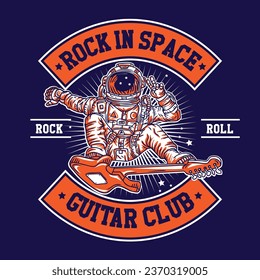 The Hand Drawn Astronaut Guitar Surfing Rock In Space Emblem Badge Vector Design