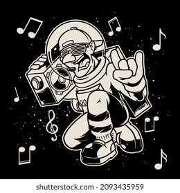 Hand drawn of Astronaut on space with rapper style bring radio with music symbol isolated on black background for shirt or wallpaper in monochrome style.