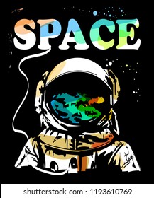 Hand drawn astronaut portrait. Stylish spaceman poster. Astronaut in space. Sketch. Vector illustration.